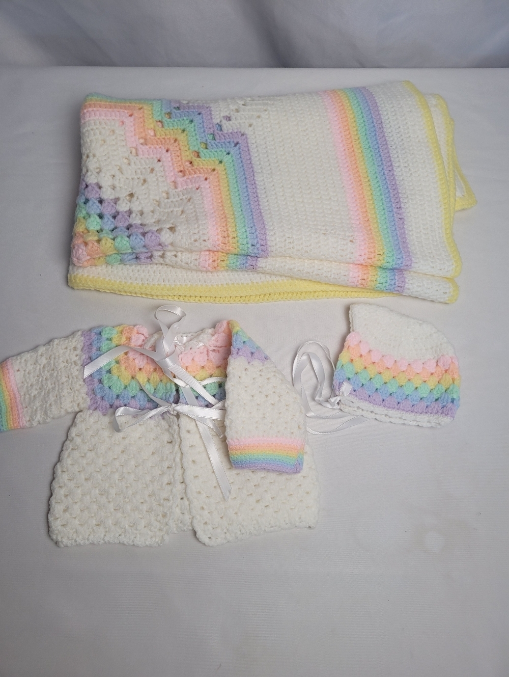 Hand Knit Infant Blanket & Sweater Bonnet Set Pastel Rainbow